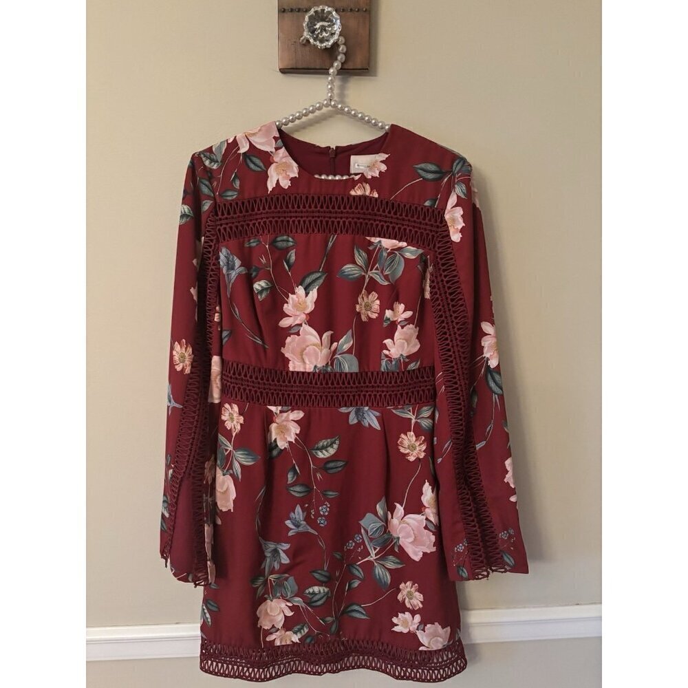 Keepsake Womens Size M Floral Dress Crochet Trim Long Bell Sleeves Boho